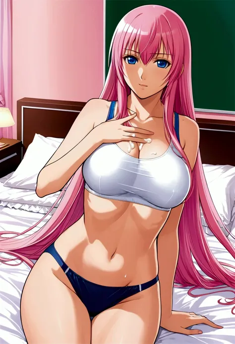 {{masterpiece}},{Detailed and beautiful depiction},Official Art,Beautiful adult woman,Megurine Luka,Pink long hair,blue eyes,Big Breasts,Draw the whole body,School Swimsuit,Semen on my chest,{{Erotic Seduction:2.0}},{Embarrassing gesture},bedroom