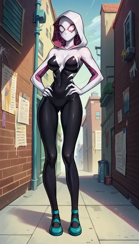 Masterpiece , best quality , Masterpiece , best quality , Spider Gwen , 1 woman, mask , abdomen , big breasts , Long legs , Put your hands on your hips...... , canvas shoes , alley