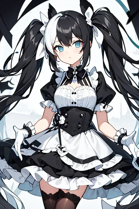 Women, hair in two pigtails black and white, black and white mask, black and white dress, white gloves