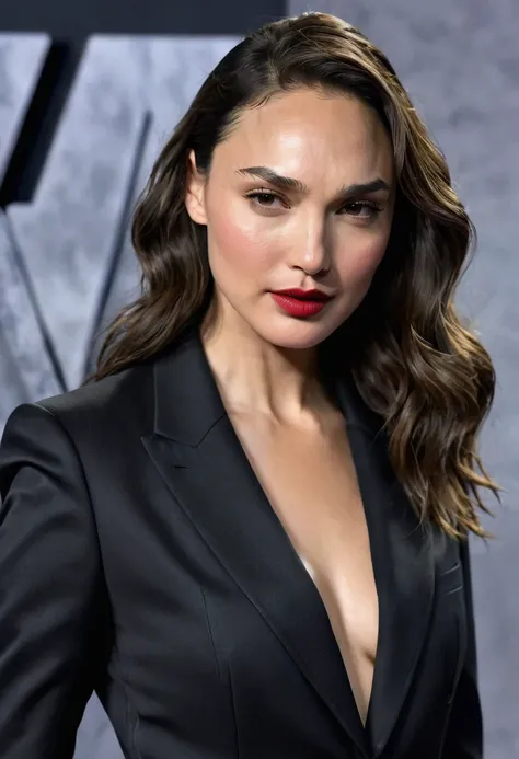 Gal Gadot dressed in her suit,pure beauty perverted seductive look bites her lips as a sign of desire 