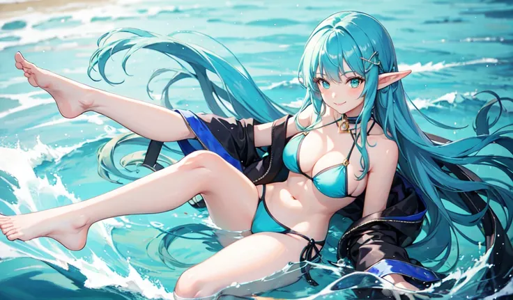 Create a high-quality anime image of a beautiful female elf character standing confidently. She has blue hair and a hair ornament. She is wearing a stylish, revealing bikini with great detail. The character is standing with her feet shoulder-width apart, h...