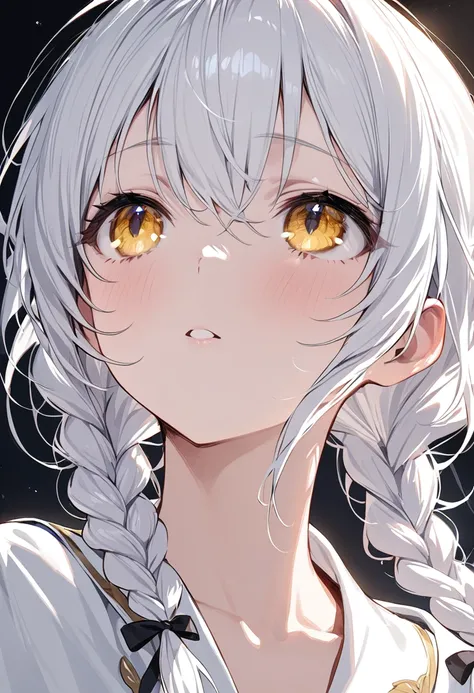 best quality, masterpiece,white hair, gold eyes,white clothes, looking up, upper body,hair strand,fair skin,side braids