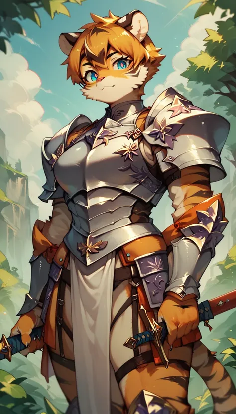 score_9, score_8_up) score_7_up, score_6_up, solo, tiger, kemono, anthro, cute, short hair, blue eyes, white pupils, sexy pose, orange fur, big sword, knight armor, outside,