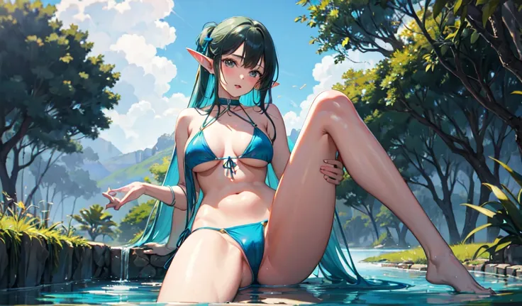 ((best quality)), ((masterpiece)), (detailed), 1girl,Elf Women,
bikini.Angle from below,Mysterious Pond,Spread your legs wide