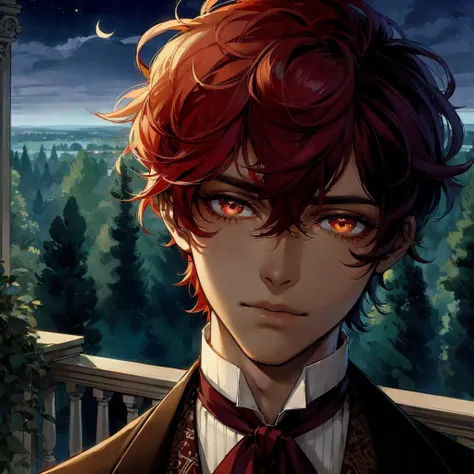 **detailed drawing** **4k ** **sharp** red hair young man, gold eyes, Dark skin, dressed in an elegant old suit, that is in an enchanted forest , an aqua green light is on the side of the man 