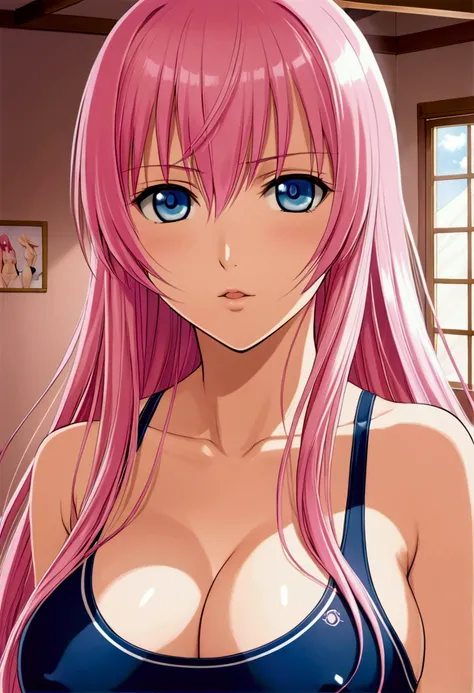 {{masterpiece}},{Detailed and beautiful depiction},Official Art,Beautiful adult woman,Megurine Luka,Pink long hair,blue eyes,Big Breasts,Draw the upper body,School Swimsuit,{{Semen on chest}},{{Erotic Seduction:2.0}},{Embarrassing gesture:2.0},bedroom