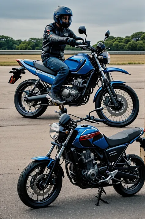 Motorcyclist with blue helmet on a Honda CB 160 F Motorcycle with the number 313 on the side.