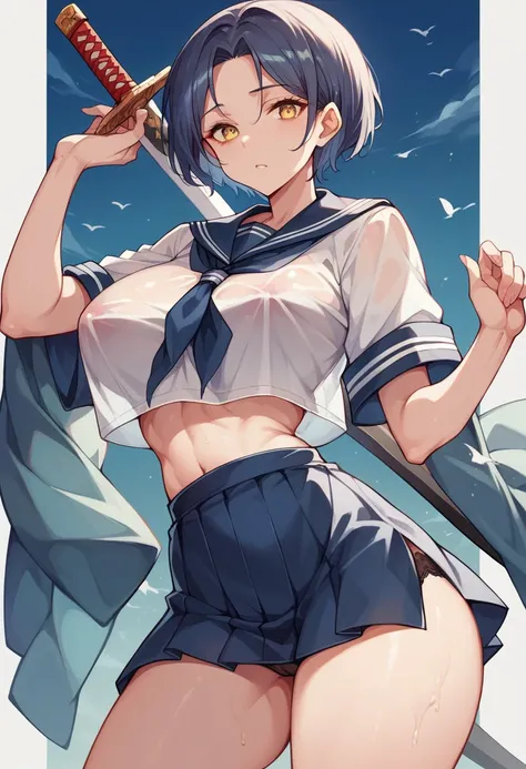 18-year-old,shiny navy hair,short hair,Parted bangs,Yellow Eyes,Large Breasts,Small waist,Big Ass, , See-through sailor suit,Navy blue mini skirt,Black underwear, ,Japanese sword,Covered in body fluids