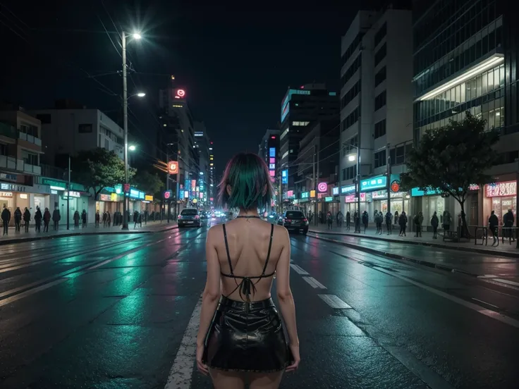 City landscape combination of Mexico and Japan modern avenue anime night neon lights, anime girl in the middle of the street with her back turned in green 