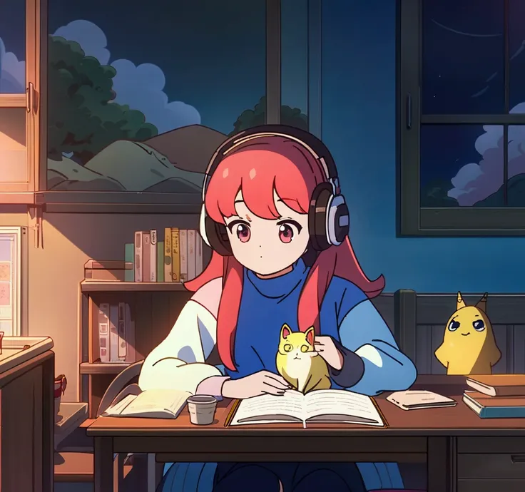 Anime girl with headphones sitting at her desk, studying in her room accompanied by a small yellow cat, lo-fi girl, lively atmosphere, Art Lofistyle, 4K animated style, anime aesthetic, night, Low fidelity feel, Art Lofi, anime art wallpaper 4k, anime art ...