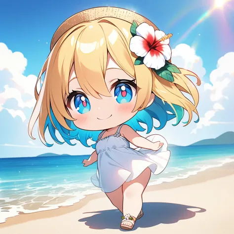 masterpiece, best quality, 4k、2D illustration、one beautiful girl、solo、(((chibi style)))、((vivid colors))、cute chibi、lovely chibi、((white summer dress))、((straw hat))、hibiscus hair ornament, ((colorful))、long beautiful hair, glossy blonde hair, hair between...