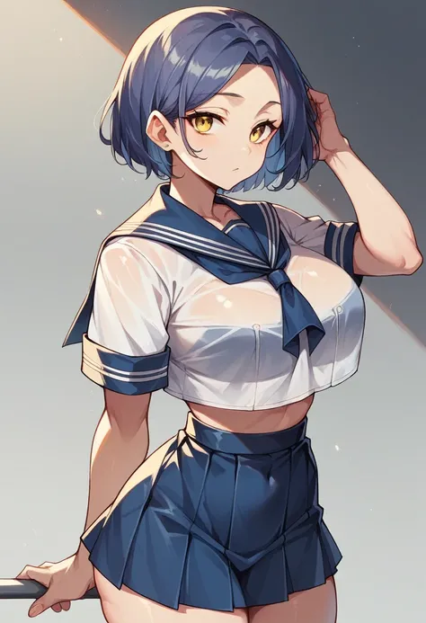 18-year-old,shiny navy hair,short hair,Parted bangs,Yellow Eyes,Large Breasts,Small waist,Big Ass, , See-through sailor suit,Navy blue mini skirt,Black underwear, ,Split