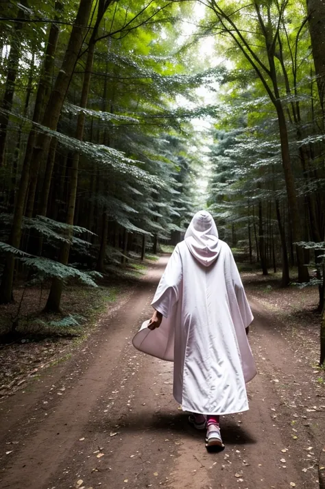 A white heired teenage boy in a long white cloak with a straight light pink pattern wearing a traditional wood carved mask resembling the Pokémon Zoroark walking through a forest. lush forest, semi-dim lighting, high quality, 