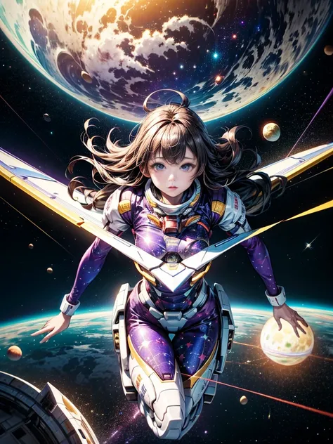 Alfid girl in purple pajamas sitting on a huge white object, Floating in outer space, Floating in space, floating in zero gravity, floating on space, floats in space, girl in space, floating in the universe, Suspended in zero gravity, weightless in space, ...