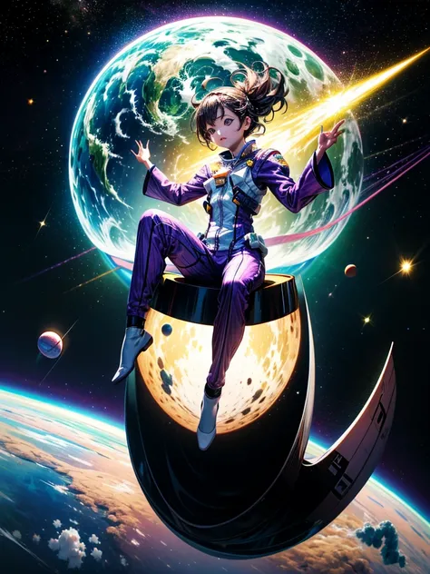 Alfid girl in purple pajamas sitting on a huge white object, Floating in outer space, Floating in space, floating in zero gravity, floating on space, floats in space, girl in space, floating in the universe, Suspended in zero gravity, weightless in space, ...