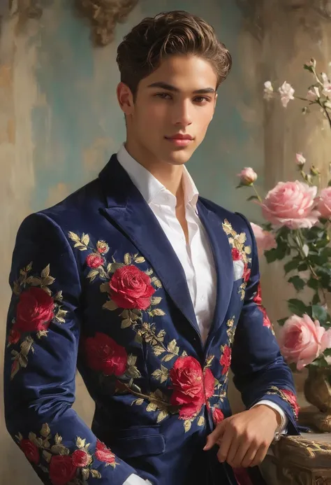 create an image of a young man inspired by the characteristics of the rose 'the prince, mixed race male model 23-25 year old, (a...