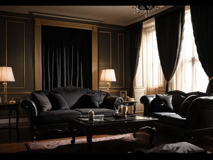 Dark room with black sofa　The floor is black　Lace curtains and large windows　There is a black cat　Dark fantasy