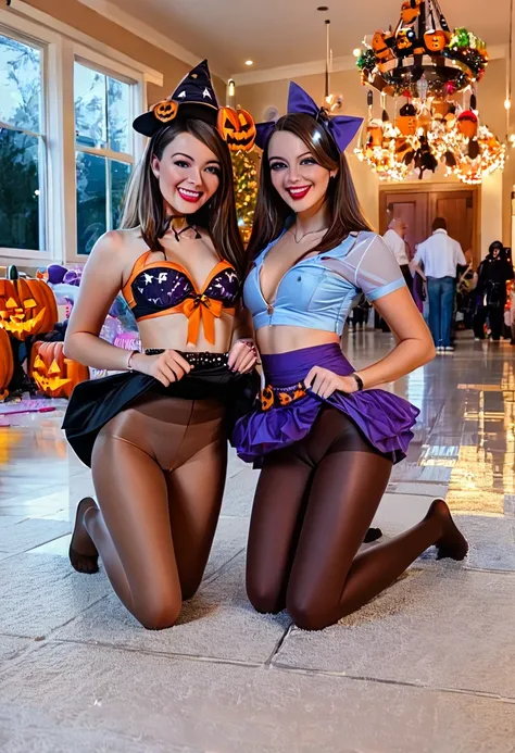 (((2 girls with their boyfriends))) Group of very attractive and diverse college girls posing seductively for a photo wearing skimpy costumes at a Halloween party, diverse ethnicities, (((Diverse costumes: skimpy sexy Witch costumes all wearing sheer to wa...