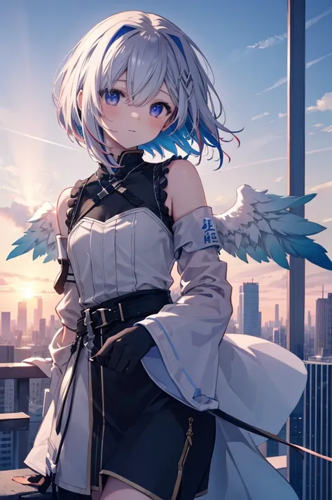 On top of a building、Overlooking the city、A fleeting expression、short hair、Small Wings、Shot from above、Concept Art、masterpiece、high resolution、