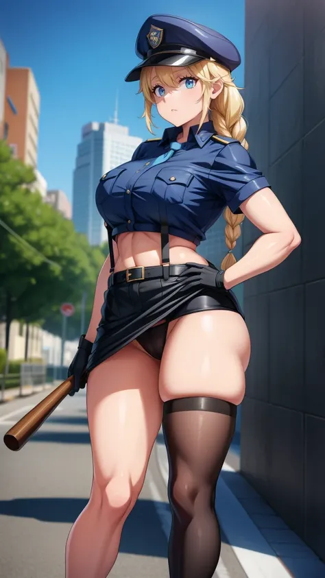 a cartoon character in a sexy suit posing on the street with a bush, policeman, police uniform, 1 girl, policewoman, shirt, skirt, hat, tie, police cap, blue eyes, gloves, breasts, blonde hair , thighs, solo, navel, suspender straps, looking at viewer, sho...