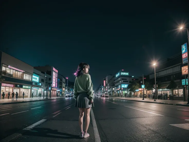 City landscape combination of Mexico and Japan modern avenue anime night neon lights, anime girl in the middle of the street with her back to her in dark green sweater and gray skirt