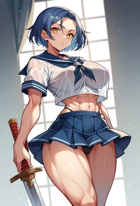 18-year-old,shiny navy hair,short hair,Parted bangs,Yellow Eyes,Large Breasts,Small waist,Big Ass,Abdominal muscles, , See-through sailor suit,Navy blue mini skirt,Black underwear, ,Japanese sword,Covered in body fluids