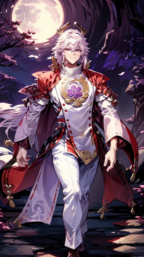 Muscular man, alone, white windbreaker, white long pants, white hair, black locks of hair, Japanese-looking man, dragon horns, violet-colored military boots, evil smile, dark brown eyes, fantasy scenery, walking through the flames of darkness.