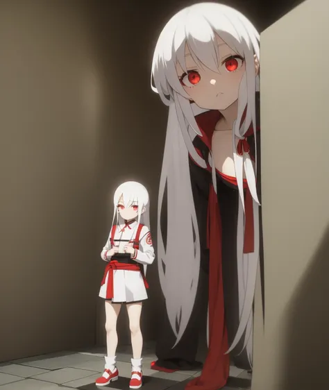 Rio Futaba, white hair, red eyes, looking foward, standing pose, neutral face expression