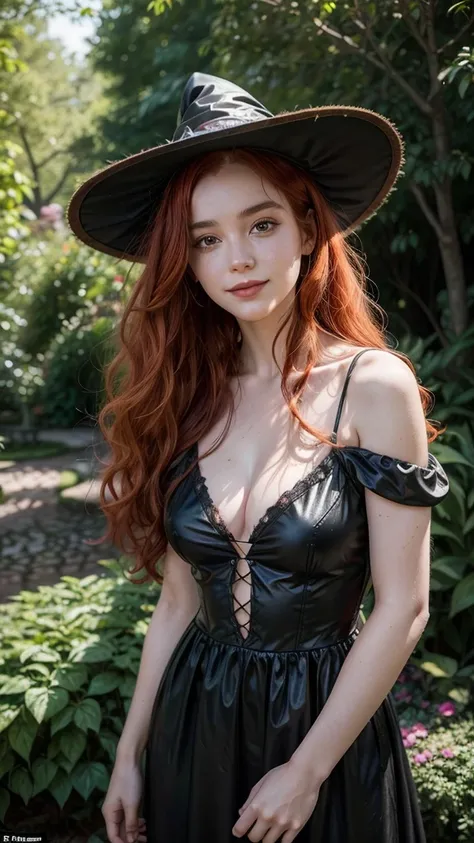 A 25-year-old realistic witch woman with curly red hair and a slight smile stands in a magical, enchanted garden under soft natural light
