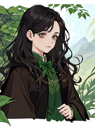 A girl with wavy black hair and brown eyes, Half body , from Hogwarts Slytherin house. surrounded by jasmine in the environment