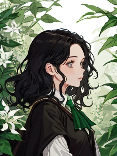 A girl with wavy black hair and brown eyes, Half body , from Hogwarts Slytherin house. surrounded by jasmine in the environment