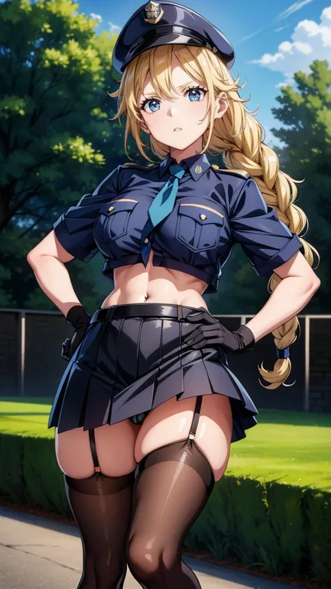 a cartoon character in a sexy outfit posing in the street with a bush, police, police uniform, 1girl, policewoman, shirt, skirt, hat, necktie, police hat, blue eyes, gloves, breasts, blonde hair, thighhighs, solo, navel, garter straps, looking at viewer, s...