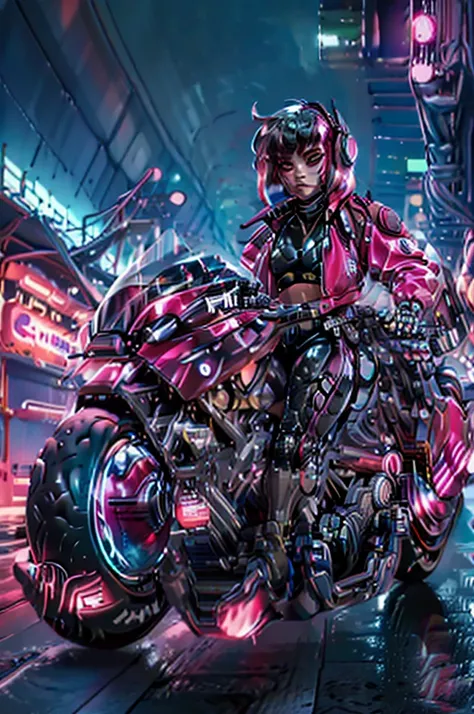 (masterpiece, best quality), female character sitting on a stationary motorcycle, cyberpunk style, leather jacket, baggypants, s...