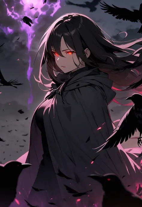 girl, mature, crows, red eyes, black hair, glowing eyes, dark aura, cloak, long hair