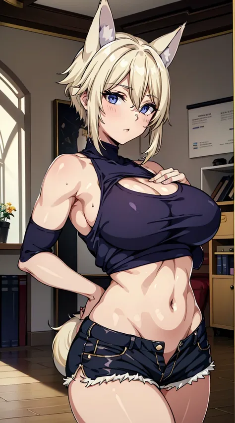 beautiful detail eyes, (realistic skin), beautiful skin,(masterpiece))), (((best quality))), ((ultra-detailed)), (highly detailed CG illustration), young girl,big breast, short blonde hair, wolf cut hair, Fox ears, violet eyes, large breast, curvy ,cleavag...