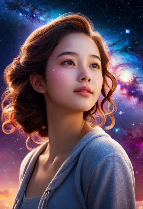 High Detail, Super Detail, Ultra-high resolution, Girl enjoying time in fantasy galaxy, Surrounded by stars, The warm light shines on her, Background is starry sky，There are colorful galaxies and galaxy clouds, Stars flew around her, Delicate face, Add a f...