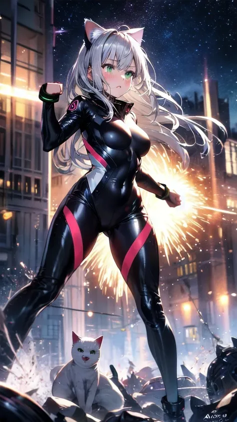 prompts A silver-haired beautiful girl with cat ears eyes are green hair is silver and long clothes: a form-fitting black combat suit The fist is an afterimage The background is a city at night her is in a cat-like fighting pose The year is 14 years monito...