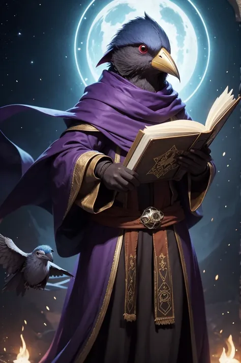 Make a kenku from the D universe&D wearing wizard clothes holding a magic book