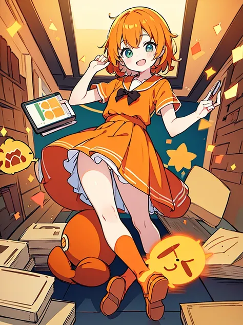 ((best quality)), ((masterpiece)), (detailed), An optimistic girl，Wear orange shirt，Wear a dark orange skirt and white stockings，With orange hair，Smile