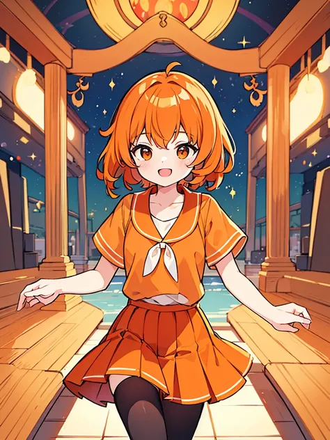 ((best quality)), ((masterpiece)), (detailed), An optimistic girl，Wear orange shirt，Wear a dark orange skirt and white stockings，With orange hair，Smile