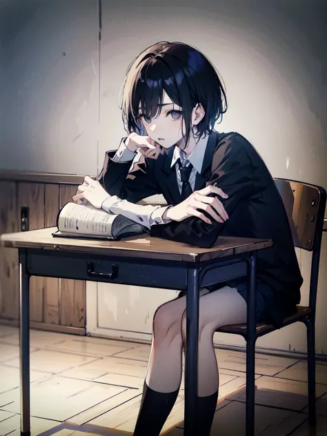 ((best quality)), ((masterpiece)), (detailed), boy, high , uniform, bored look, blank look, disinterested look, resting on desk, school chair, empty classroom, black hair, black eyes, sketch, alone, short hair. half body, face, gloomy, dark eyes, manga, li...