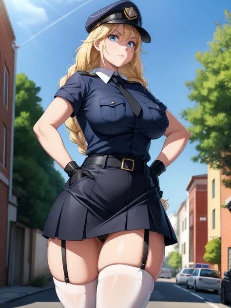 a cartoon character in a sexy outfit posing in the street with a bush, police, police uniform, 1girl, policewoman, shirt, skirt, hat, necktie, police hat, blue eyes, gloves, breasts, blonde hair, thighhighs, solo, navel, garter straps, looking at viewer, s...