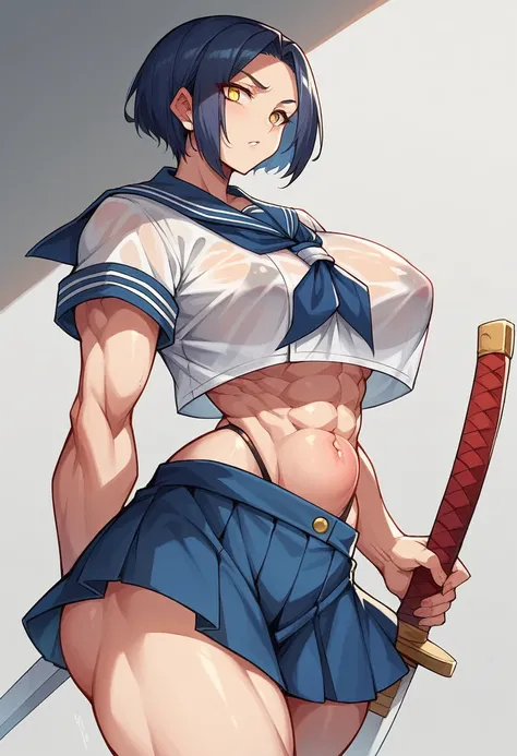 18-year-old,shiny navy hair,short hair,Parted bangs,Yellow Eyes,Large Breasts,Small waist,Big Ass,Faintly visible abdominal muscles, , See-through sailor suit,Navy blue mini skirt,Black underwear, ,Japanese sword,Covered in body fluids