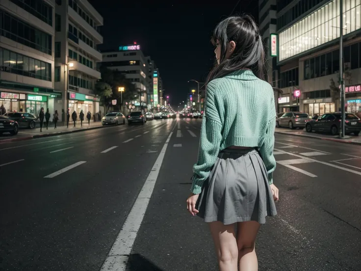 City landscape combination of Mexico and Japan modern avenue anime night neon lights, anime girl in the middle of the street with her back to her in green flag cardigan sweater and long gray skirt