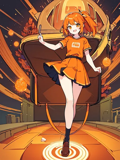 ((best quality)), ((masterpiece)), (detailed), An optimistic girl，Wear orange shirt，Wear a dark orange skirt and white stockings，With orange hair，Smile，There are copper metal and copper crystals around