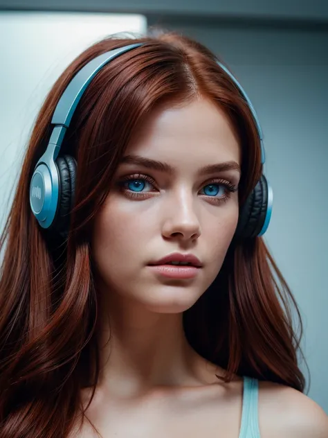 foreground, perfect face of a brunette woman with red hair, perfect face with one light blue eye and the other hazel full lips bright red match wears black headphones, The camera should only focus on his face and his innocent look., on a dark gradient back...