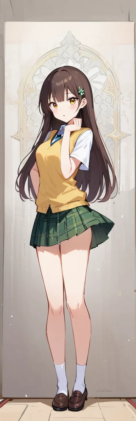 (work of art, best qualityer:1.2), 1 girl, standing alone,standing_to divide, 
Mikan Yuuki, eyes browns, chestnut hair, hair ornament,long hair,green plaid skirt, Sainan , , white  shirt, yellow vest,witheout panties

