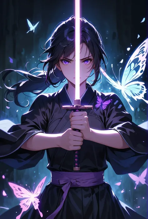 dark atmosphere，dark background，female swordsman in the dark，black hair,ponytail,glowing purple sword，lightsaber,delicate face，Sword in both hands，night，dark，fear，sword focus，Glowing purple butterflies flying in the air