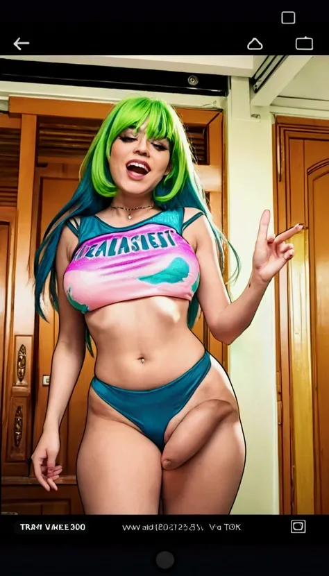 Nsfw trap, transsexual, a closeup of a naked person with green hair, her navel is exposed, sexy body caliente, sexy body, big breasts, She is dancing. realist, tik tok videos, She is dancing, marked abdomen, highly realist. live camera, High quality video,...