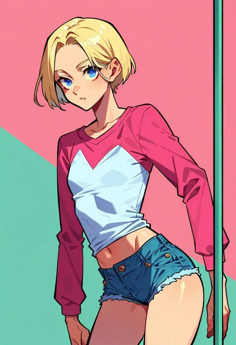 Young female, with blonde short hair, Blue eyes, With a pink, low-cut shirt  wearing short, tight denim shorts with the zipper open, comic style